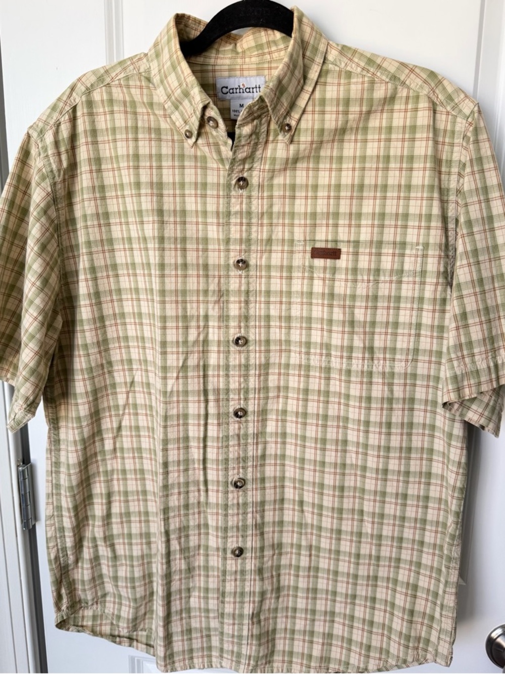 Carhartt Relaxed Fit Men's Short-Sleeve Plaid Button-Down Shirt Green Beige Med
